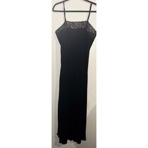 Vtg Valerie Stevens Black Lace Trim Maxi Slip Dress Sheer Chiffon Sz L Tie Back